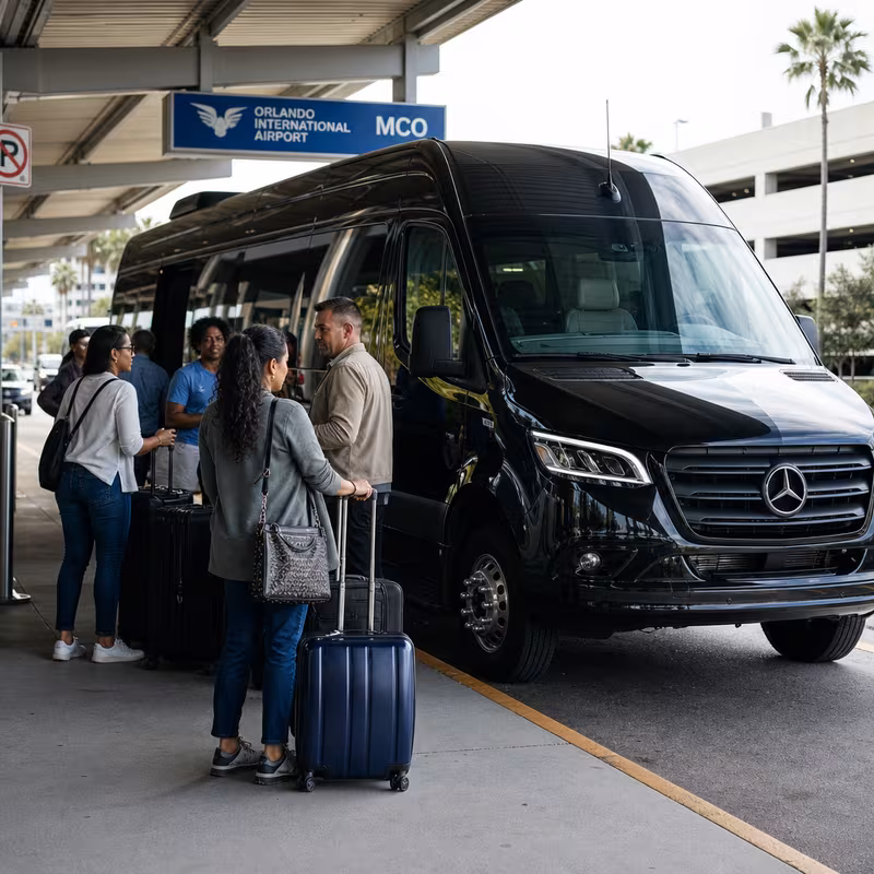 Group boarding a white charter bus for Airport Transportation transportation in Orlando
