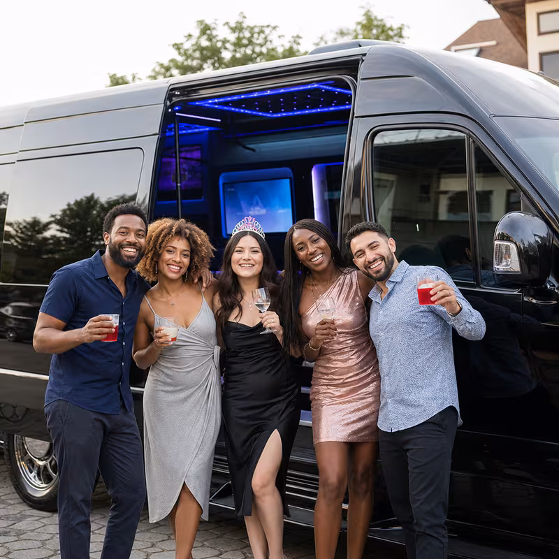Group boarding a white charter bus for Birthday Transportation transportation in Orlando