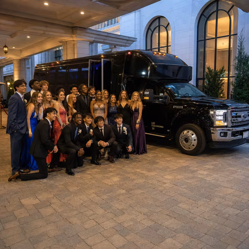 Party bus interior with wraparound leather seating and LED lighting in Orlando