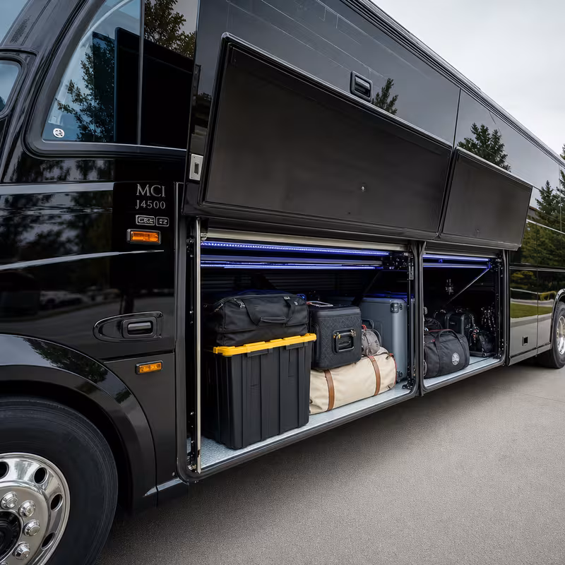 Party bus interior with wraparound leather seating and LED lighting in Orlando