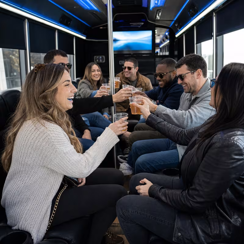 Group boarding a white charter bus for Winery & Brewery Tour Transportation transportation in Orlando